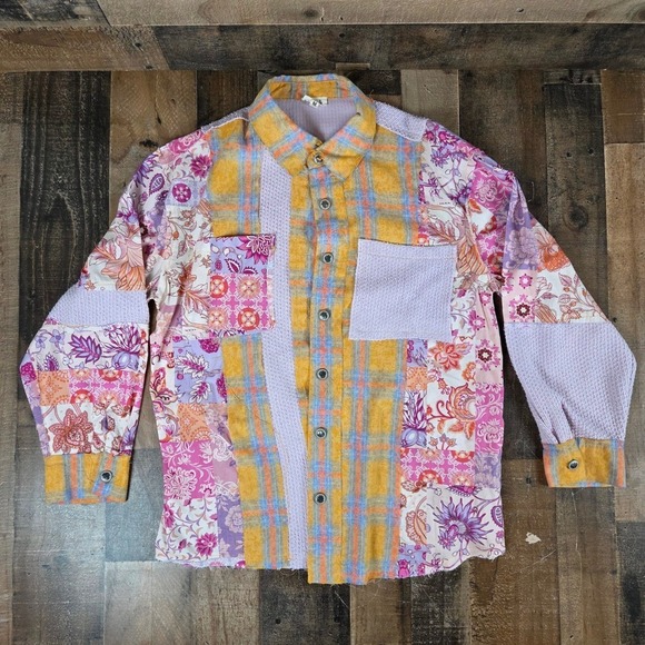 POL Tops - Anthropologie POL Women Medium Patchwork Plaid Floral Button Shirt Boho Festival